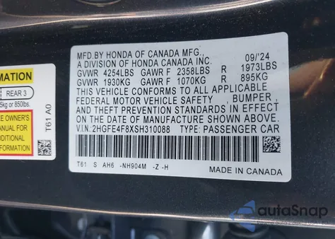 2025 Honda Civic Hybrid Sport/Sport Touring z USA, uszkodzony, nr VIN 2HGFE4F8XSH310088